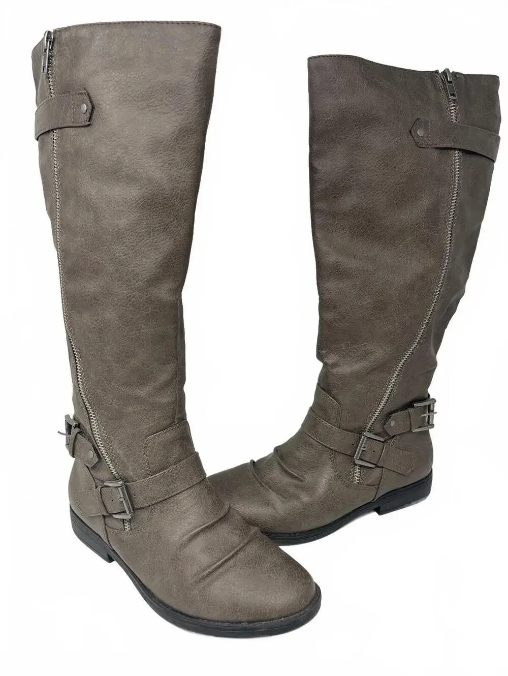Women's Knee High Riding Boots Grey Faux Leather Buckle Slouch Flat Zip Size